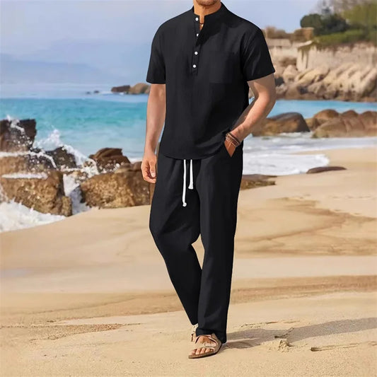 Men’s 2-Piece Casual Outfit – Short Sleeve Henley Top with Drawstring Pants, Loose Solid Color Set for a Stylish Look