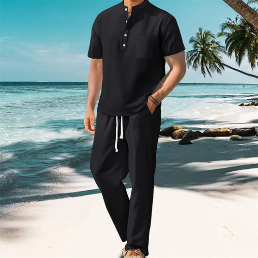 Men’s 2-Piece Casual Outfit – Short Sleeve Henley Top with Drawstring Pants, Loose Solid Color Set for a Stylish Look